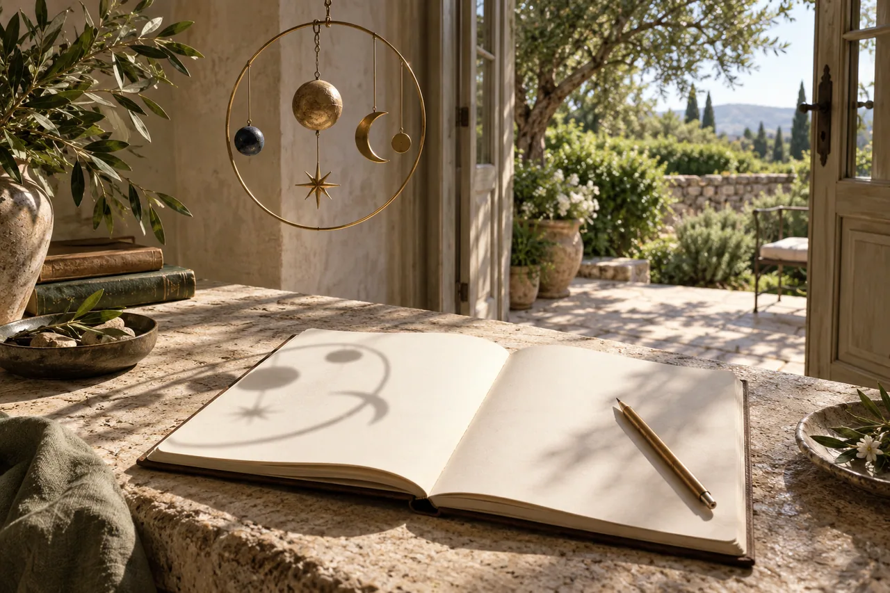 An open journal beside the shadow of an astronomical mobile.