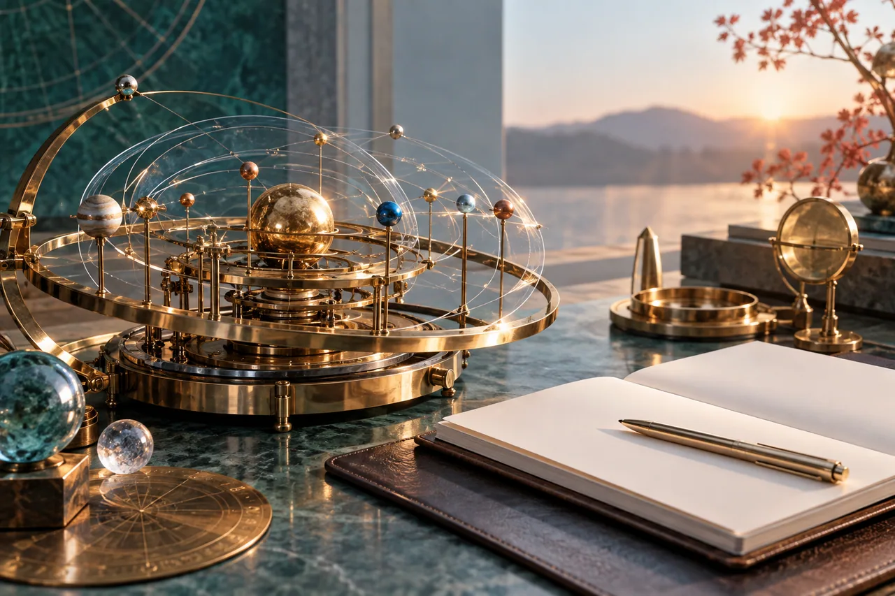 Original editorial illustration for AI astrology answers: calculation and language are different layers; symbolic artwork, not a measured personal chart.