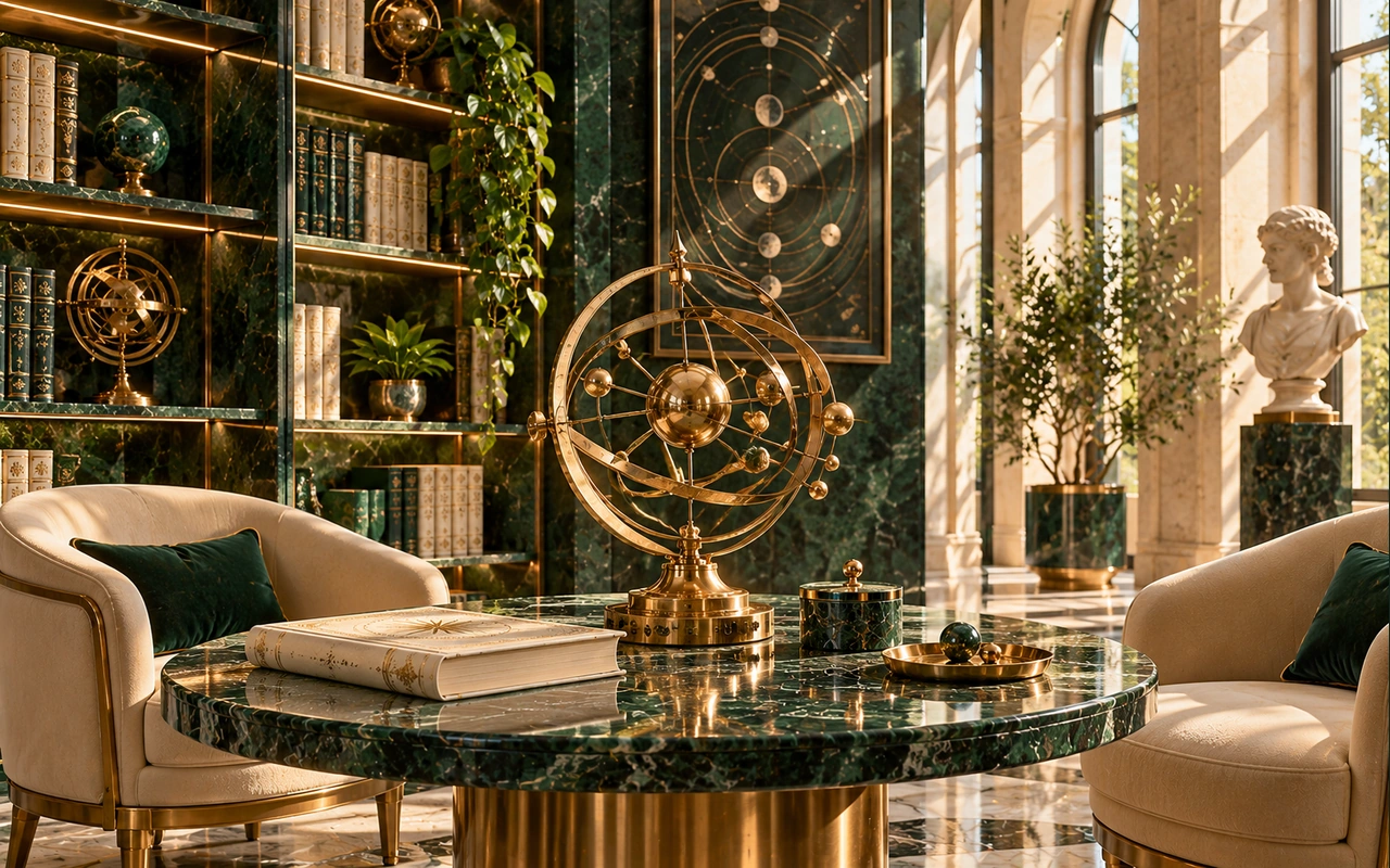 A brass celestial instrument beside two empty consultation chairs and a closed folio; conceptual comparison imagery, not a photograph of an Antaryami adviser or an AI interface.
