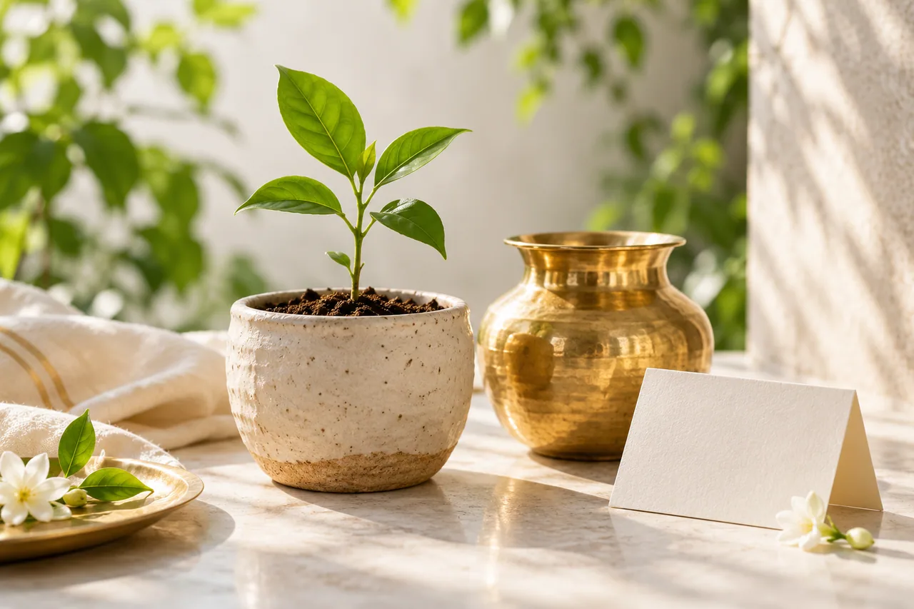 A tiny green sapling in a handmade pot next to a durable brass object and a blank folded card.