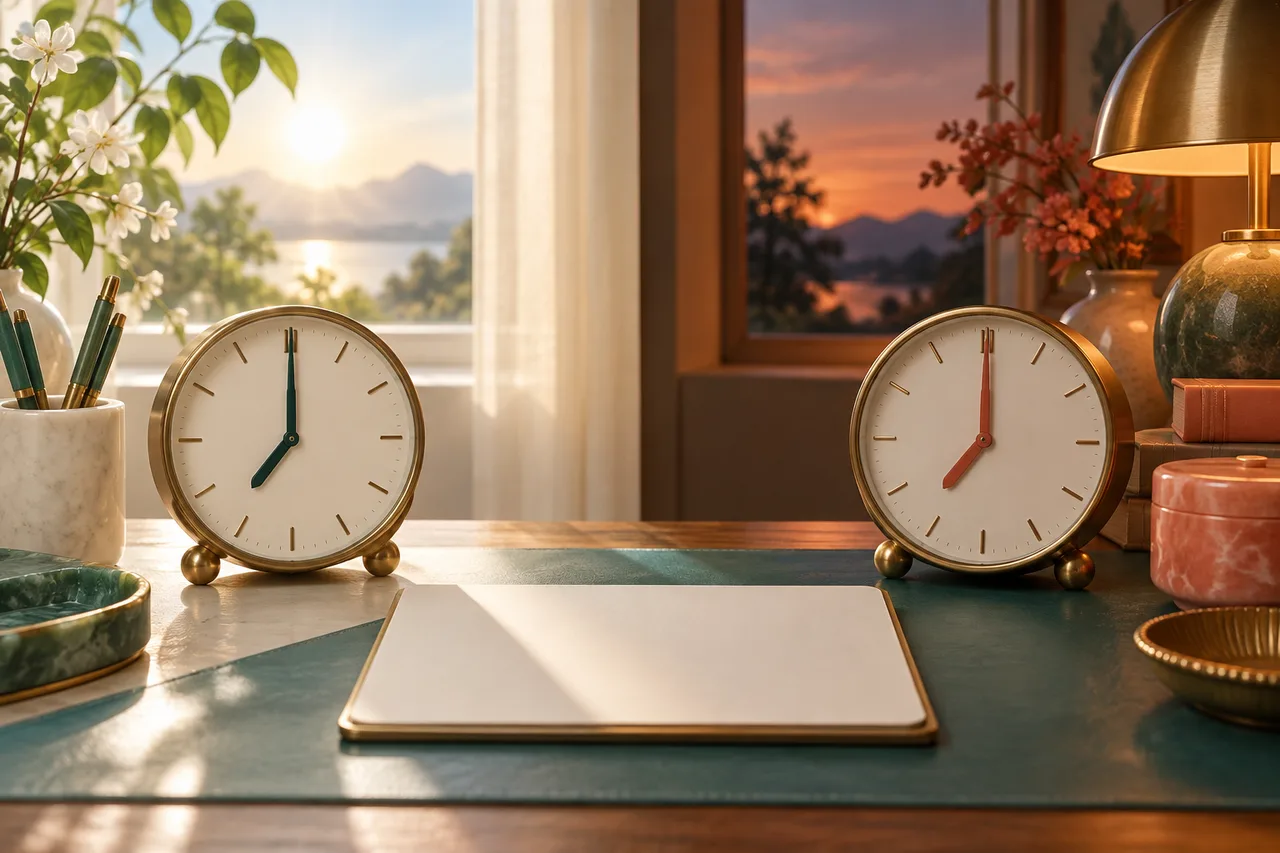 Two contrasting analogue teaching clocks beside a blank birth-record card, with morning light on one side and an evening lamp on the other.