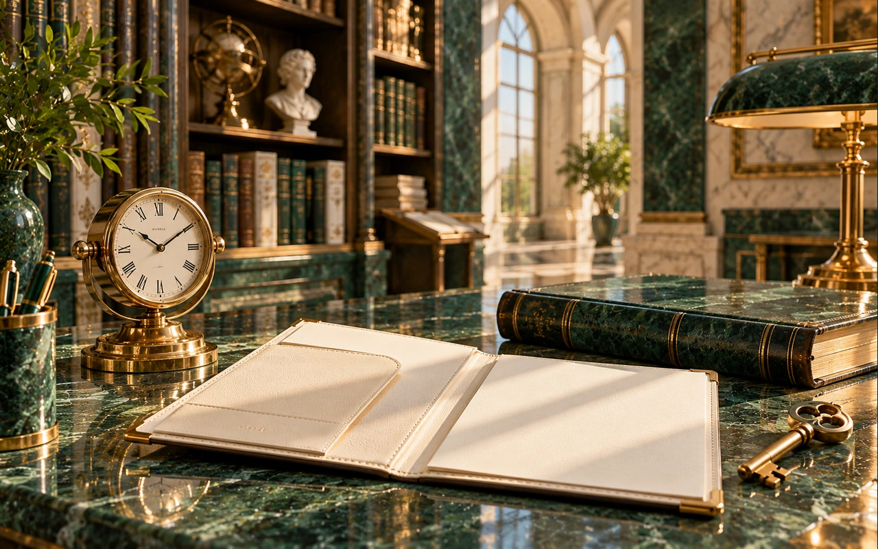 A blank ivory receipt folio, brass clock, closed emerald account book and key; conceptual billing-record imagery without customer details or an invented payment-provider mark.