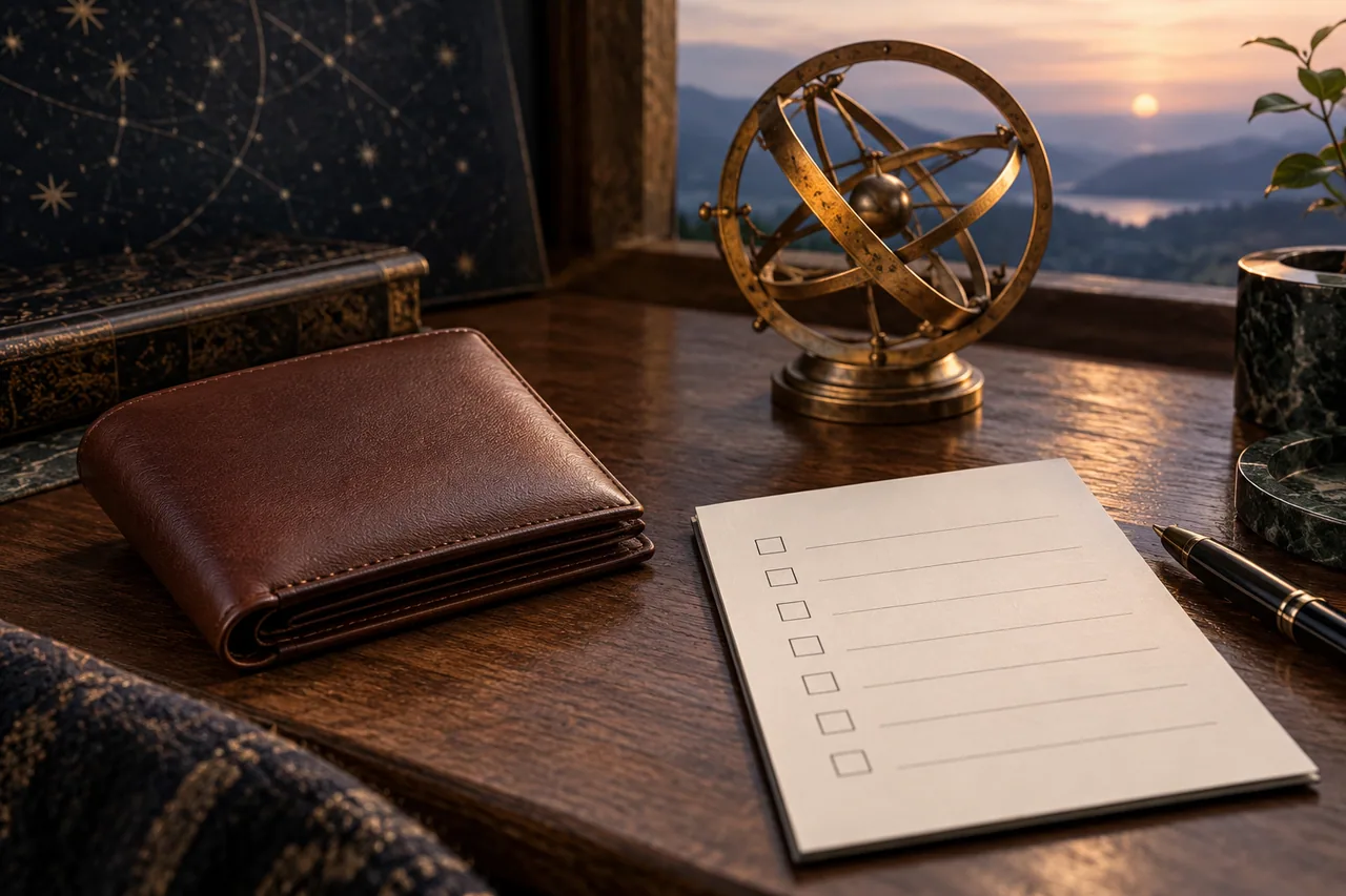 A closed plain wallet next to a blank checklist and an unlabelled astronomical ring.
