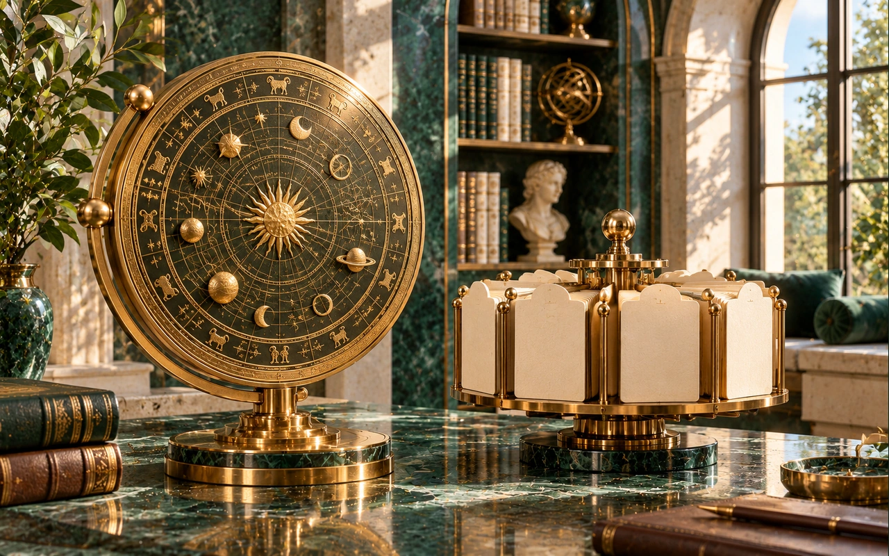 A single decorative chart medallion beside a carousel of blank reading tabs; conceptual one-off versus continuing-access art, not a purchased plan or a live account screen.