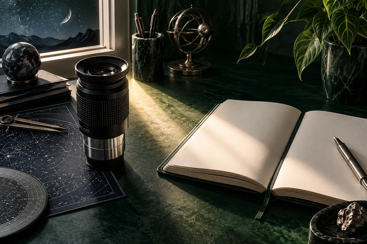 A telescope eyepiece beside an open journal, contrasting observation and interpretation.