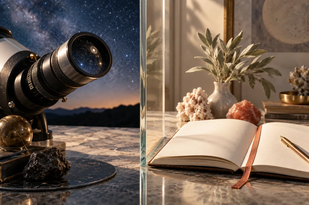 A telescope eyepiece and open blank journal separated by a clear glass partition.