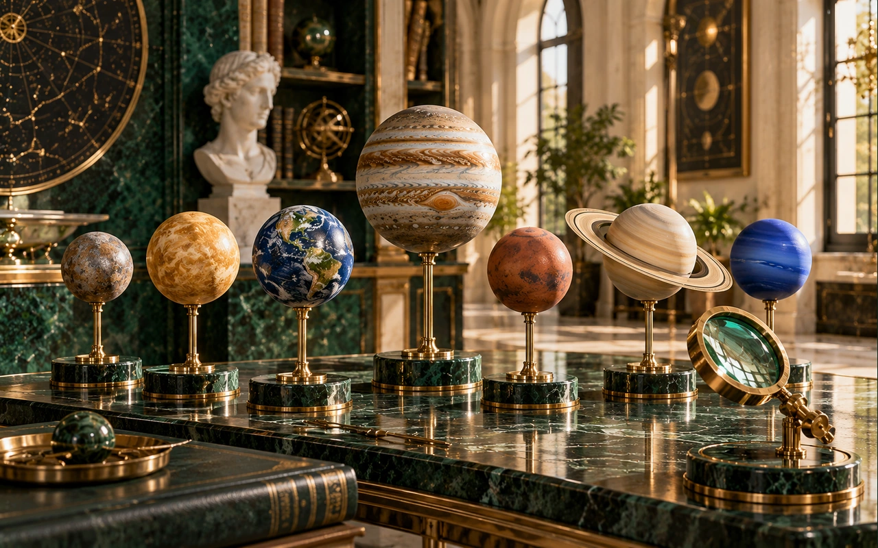 Decorative planet models and a magnifying instrument in an imagined emerald gallery; conceptual ranking artwork, not a seven-graha chart or an actual app result.