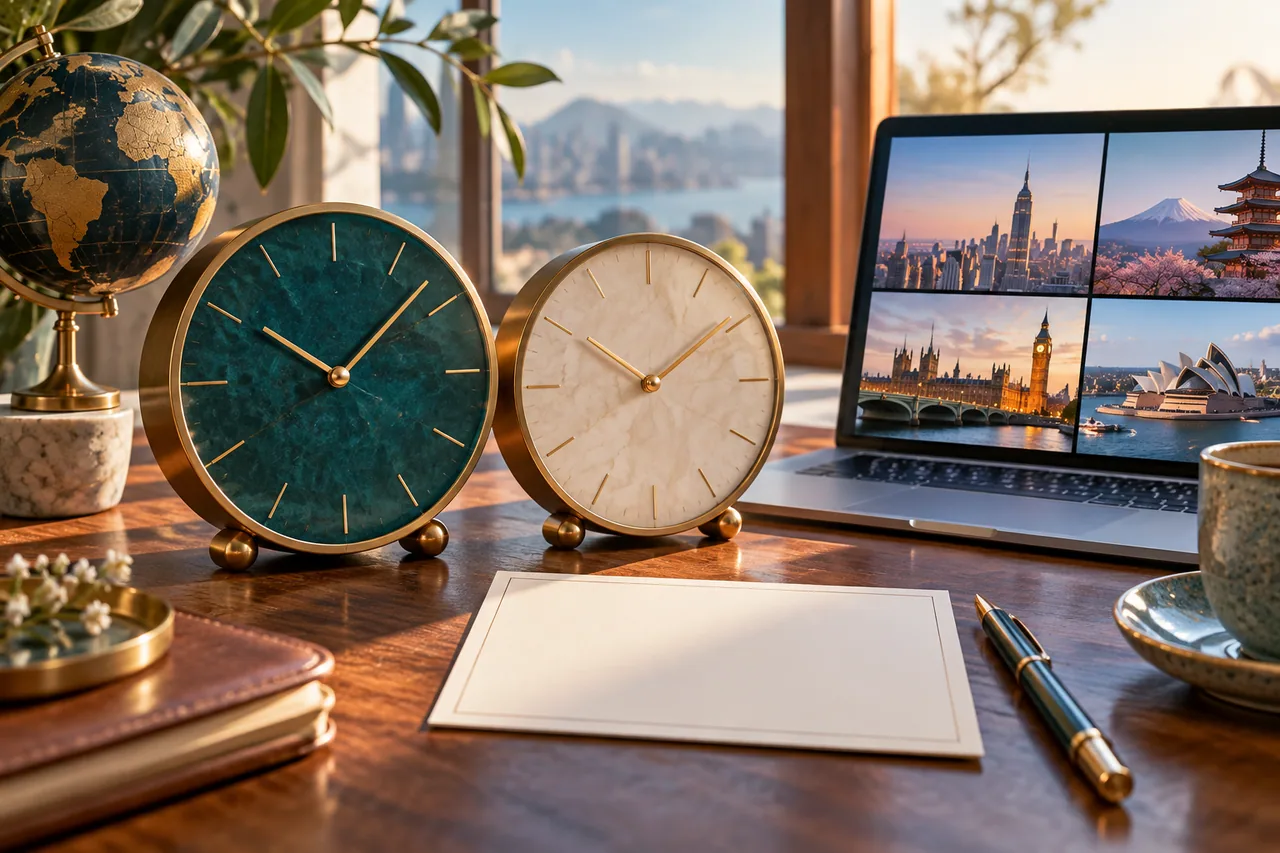 Original editorial illustration for An auspicious time for an online meeting: whose location?; symbolic artwork, not a measured personal chart.