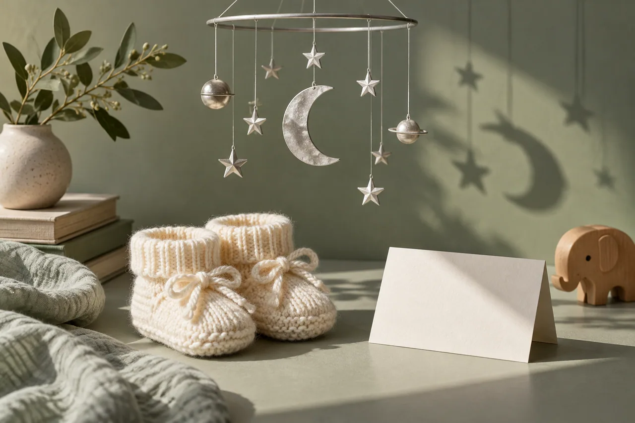 Baby shoes and a blank name card beneath a delicate star mobile.
