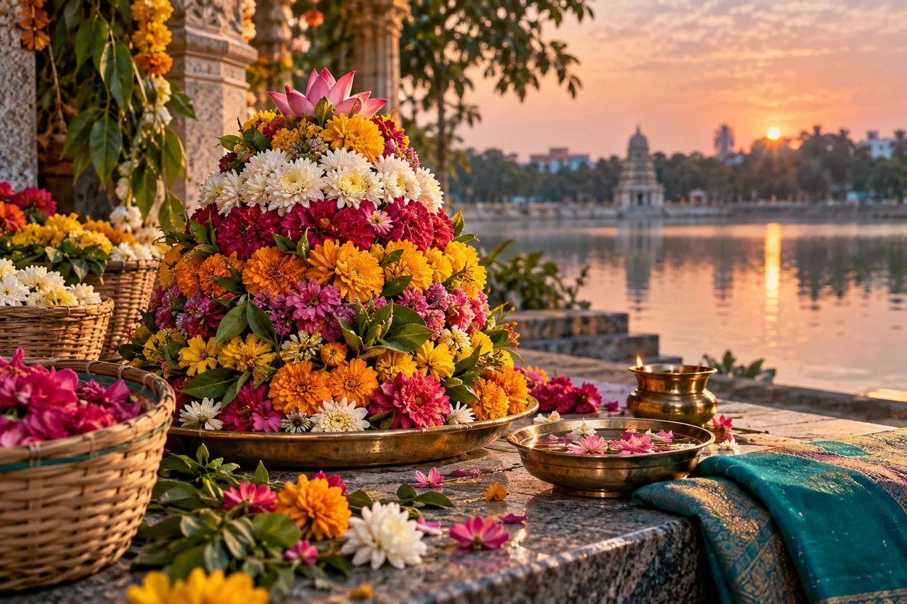 Original editorial illustration for Bathukamma: flowers, community and a respectful first visit; symbolic artwork, not a measured personal chart.