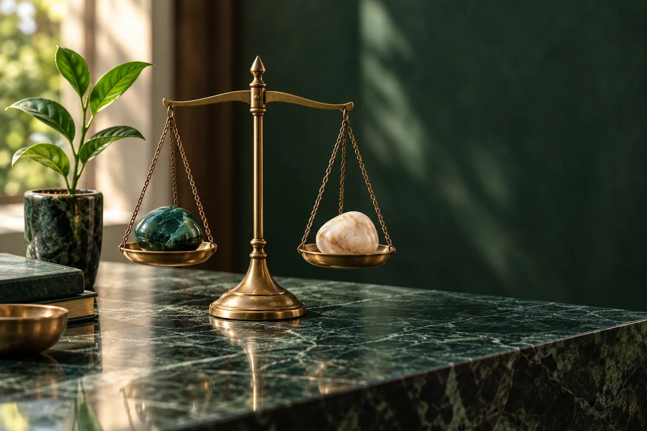 An unnumbered brass balance and a growing plant, an editorial symbol rather than a fertility measurement.