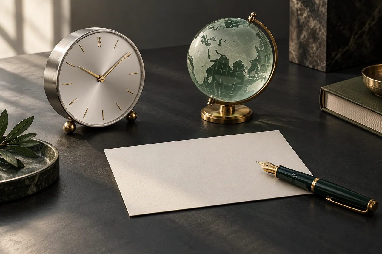 A clock, globe and blank record card for reviewing birth details.