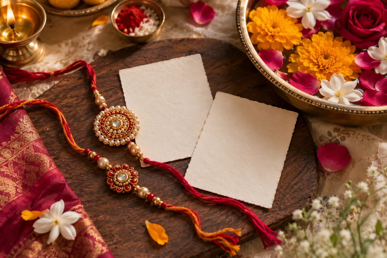 Two distinctive rakhi threads beside two small handwritten blank cards and a bowl of flowers.