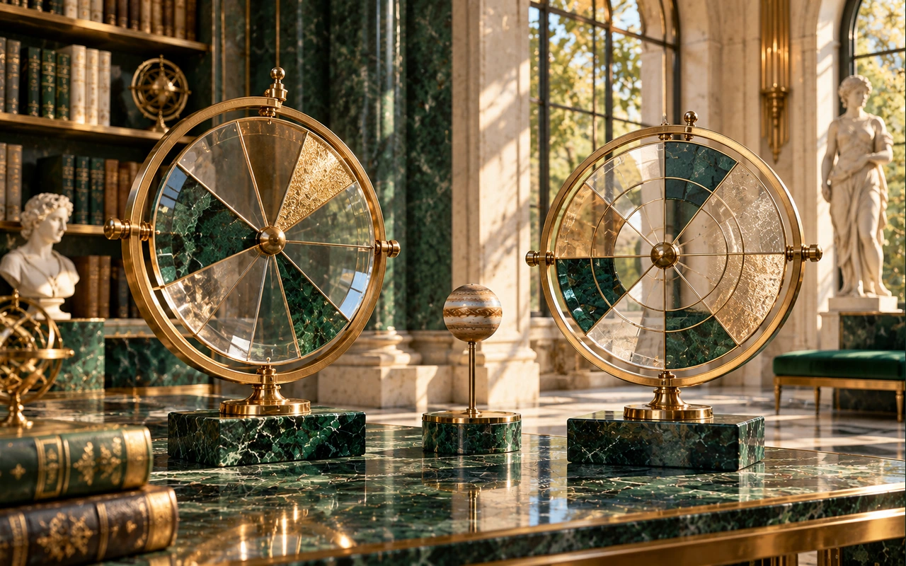 Two decorative brass-and-glass segmented discs beside a planet model in an imagined gallery; conceptual boundary comparison, not a computed D1 or Bhava Chalit chart.