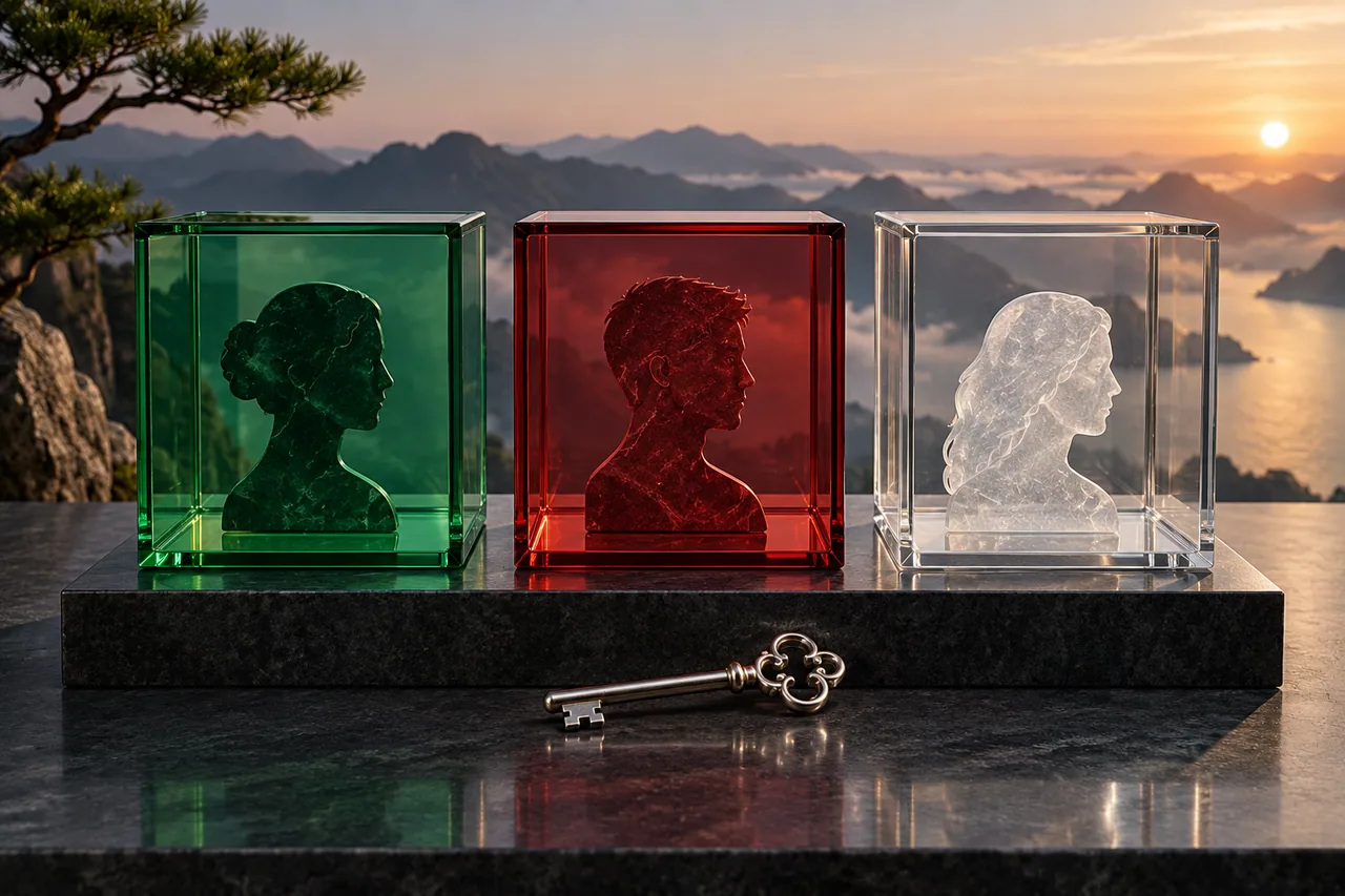 Three separate glass compartments holding individual profile silhouettes.