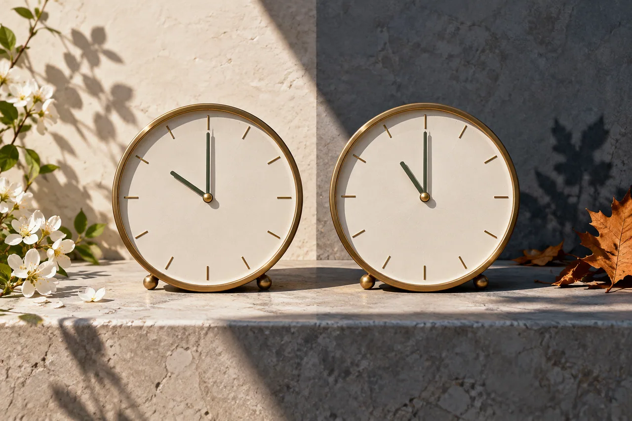 Two clocks with a one-hour difference in angled daylight.