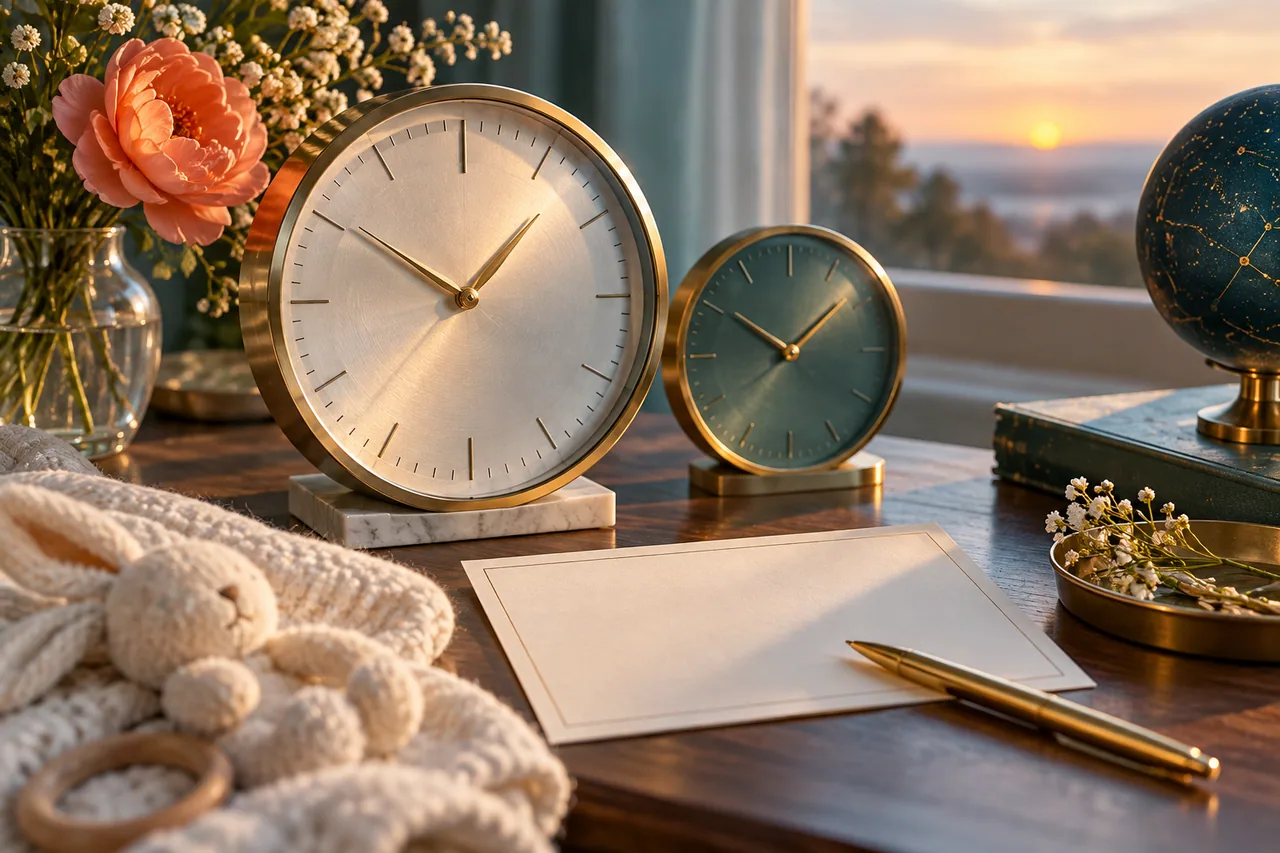 Original editorial illustration for A birth time rounded to five minutes: what should stay uncertain?; symbolic artwork, not a measured personal chart.