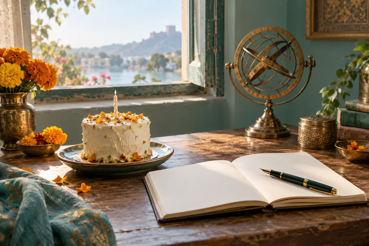A birthday cake and blank journal beside marigolds and a brass astronomical instrument in morning light.
