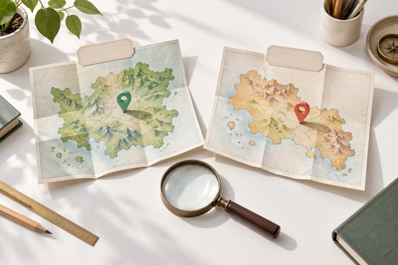 Two separate paper map cards with identical blank name tabs but different location pins and regional outlines, arranged on a light table.