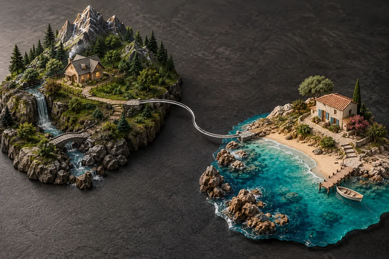Two homes in different landscapes connected by a curved route.