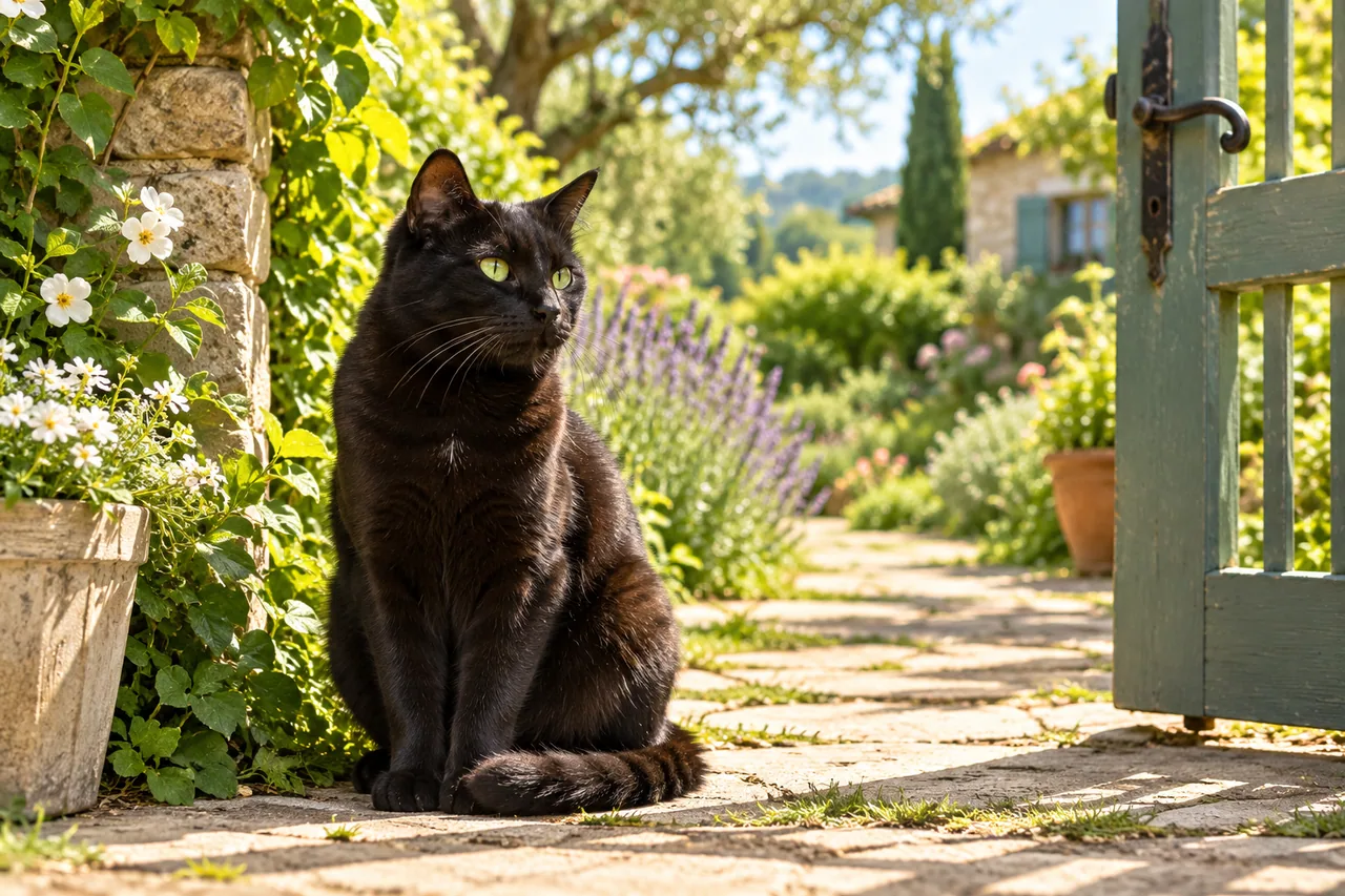 A beautiful relaxed black cat sitting safely in a sunny green garden beside an open gate.