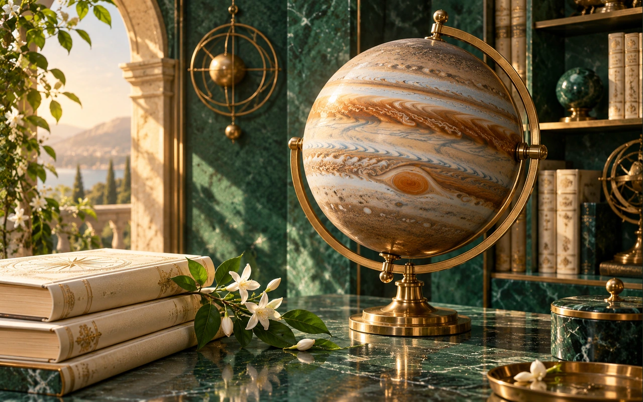 A banded Jupiter globe in a brass cradle beside books and jasmine in an emerald library.