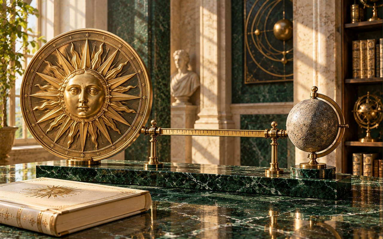 A Sun medallion, Mercury-inspired sphere and brass distance gauge in a conceptual gallery, not an observed conjunction or personal horoscope.