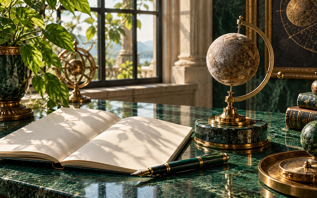 A cratered Mercury model, an ivory folio and a pen in a sunlit green-stone library.