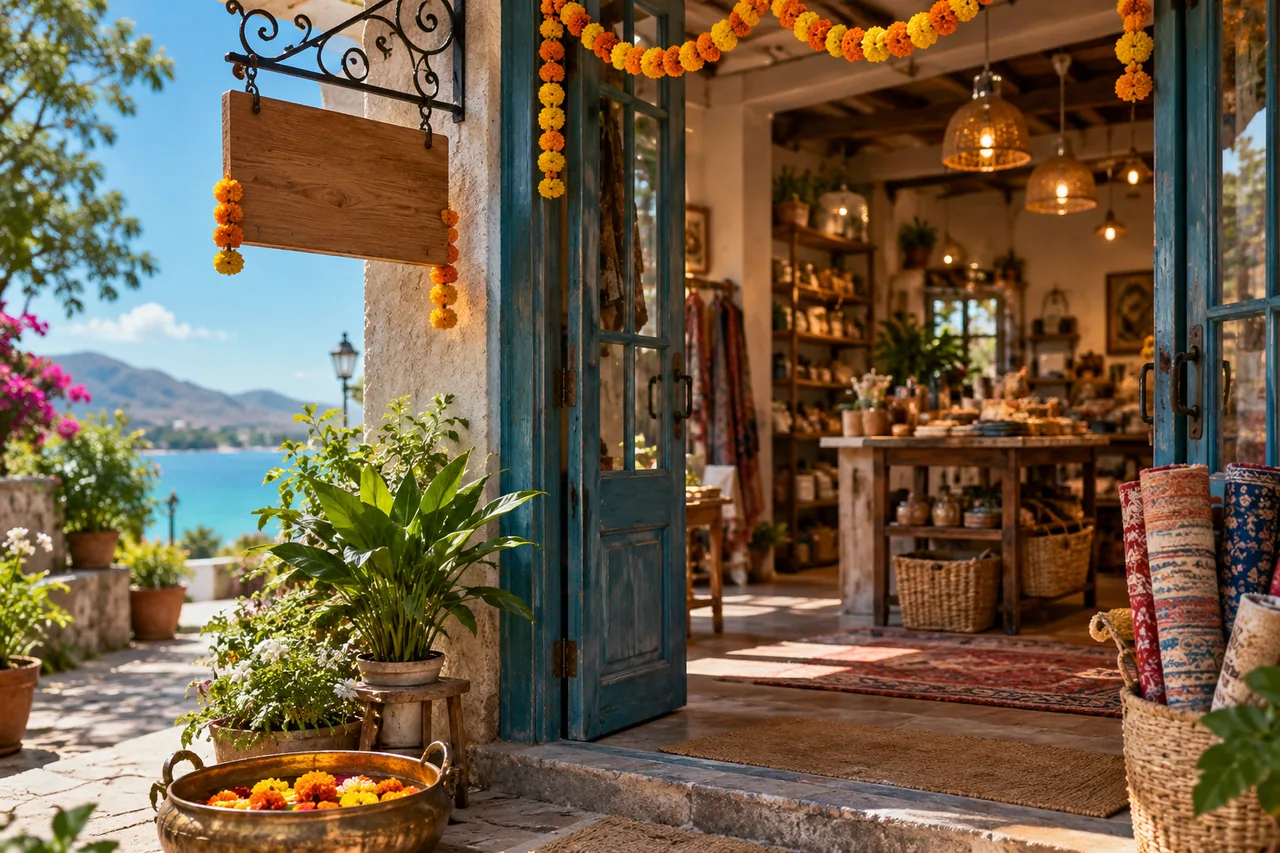 A small shop doorway opening onto a clear turquoise morning.