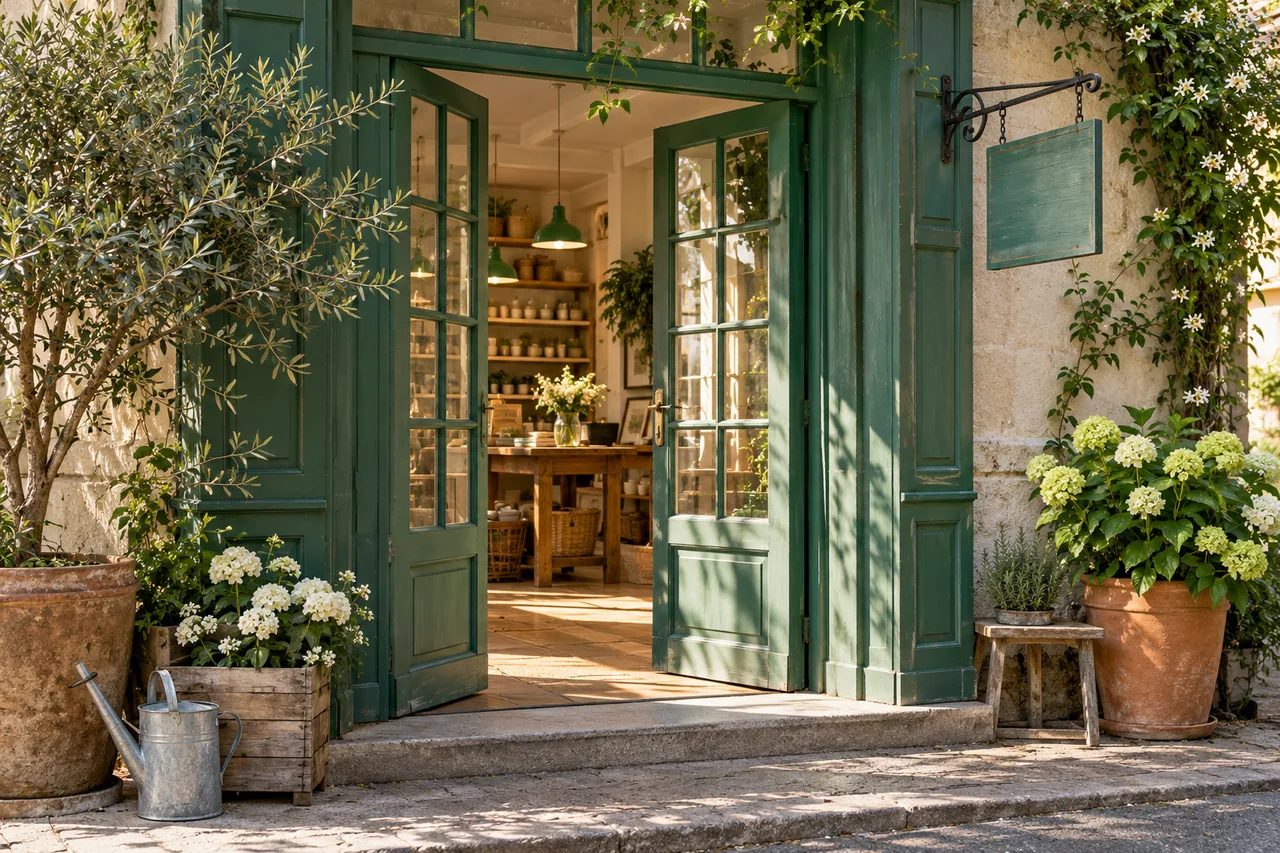 A shop doorway opening into morning light, with an unlettered sign.