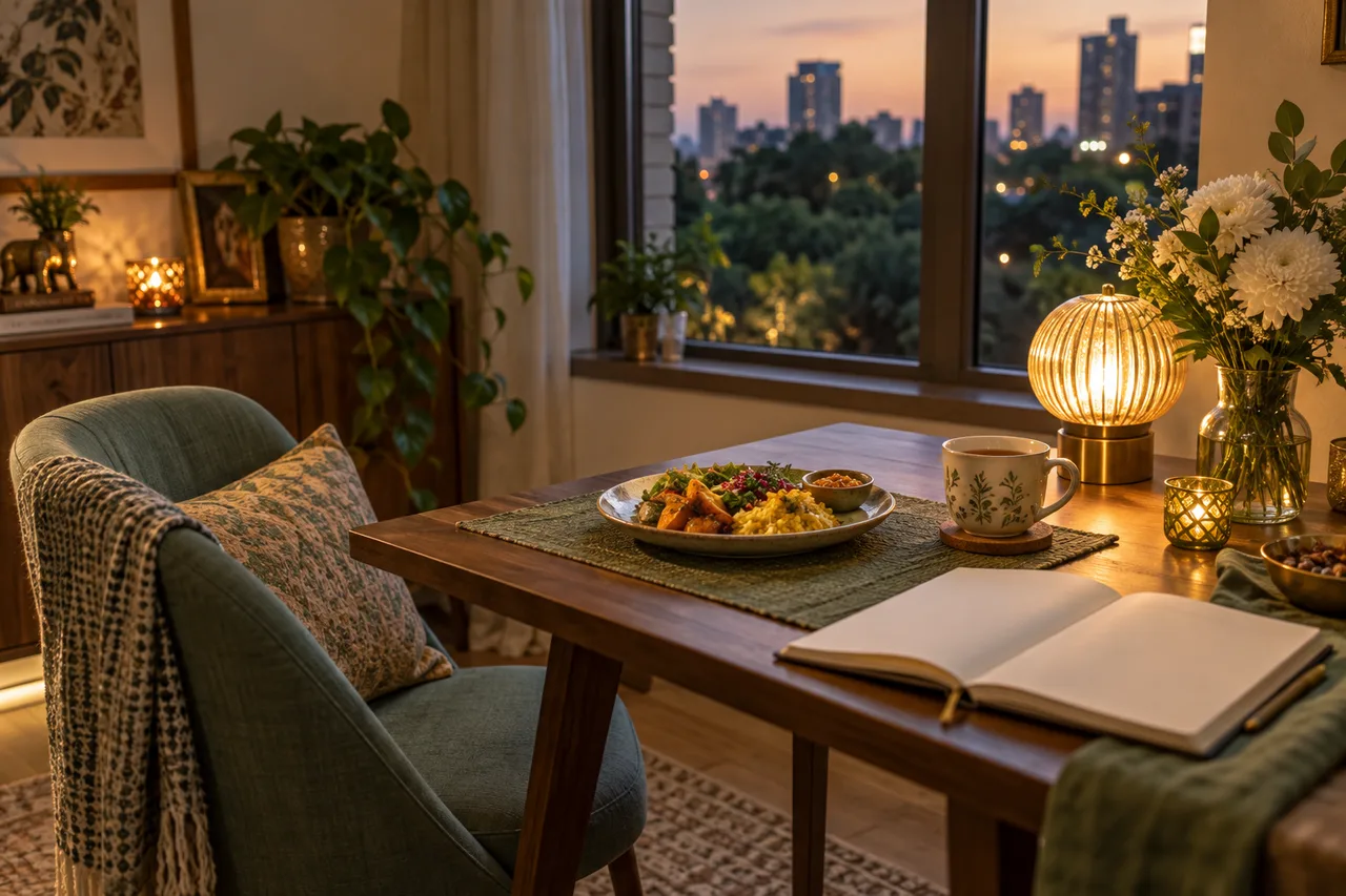 A comfortable table set for one with dinner, a journal, flowers and a warm lamp near an evening window.