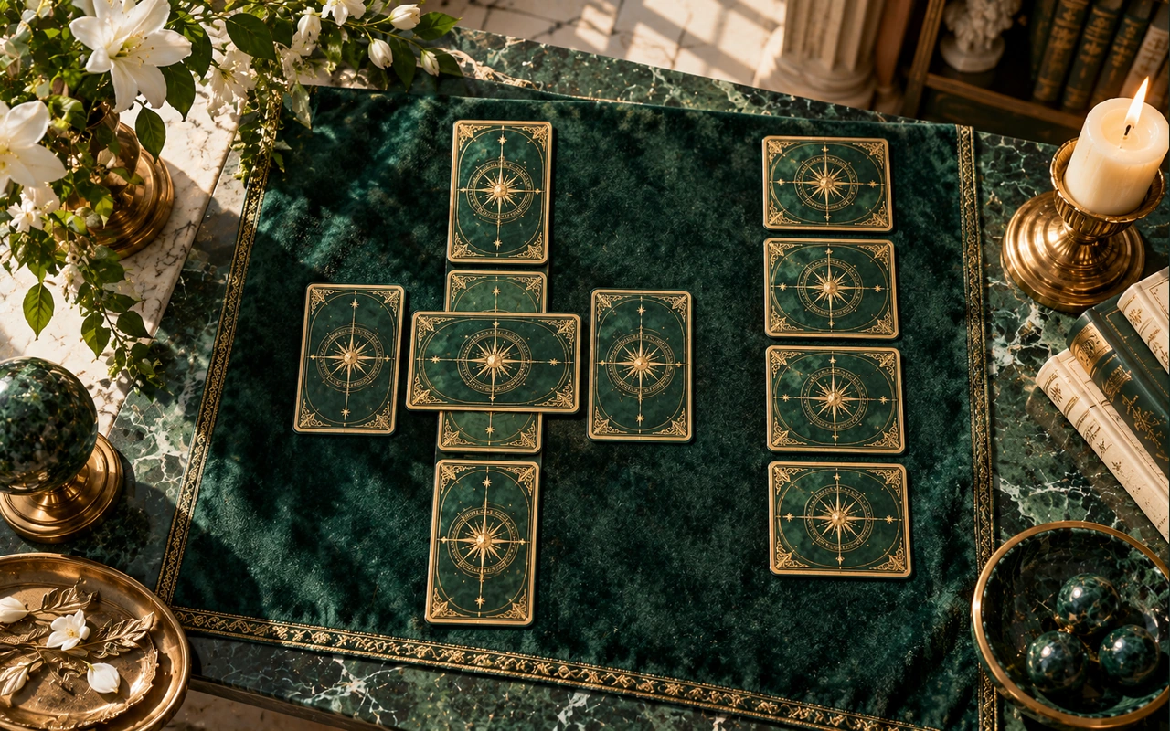 Ten original decorative tarot cards arranged as a six-card cross and four-card staff on an emerald table; an educational composition, not a personal reading.