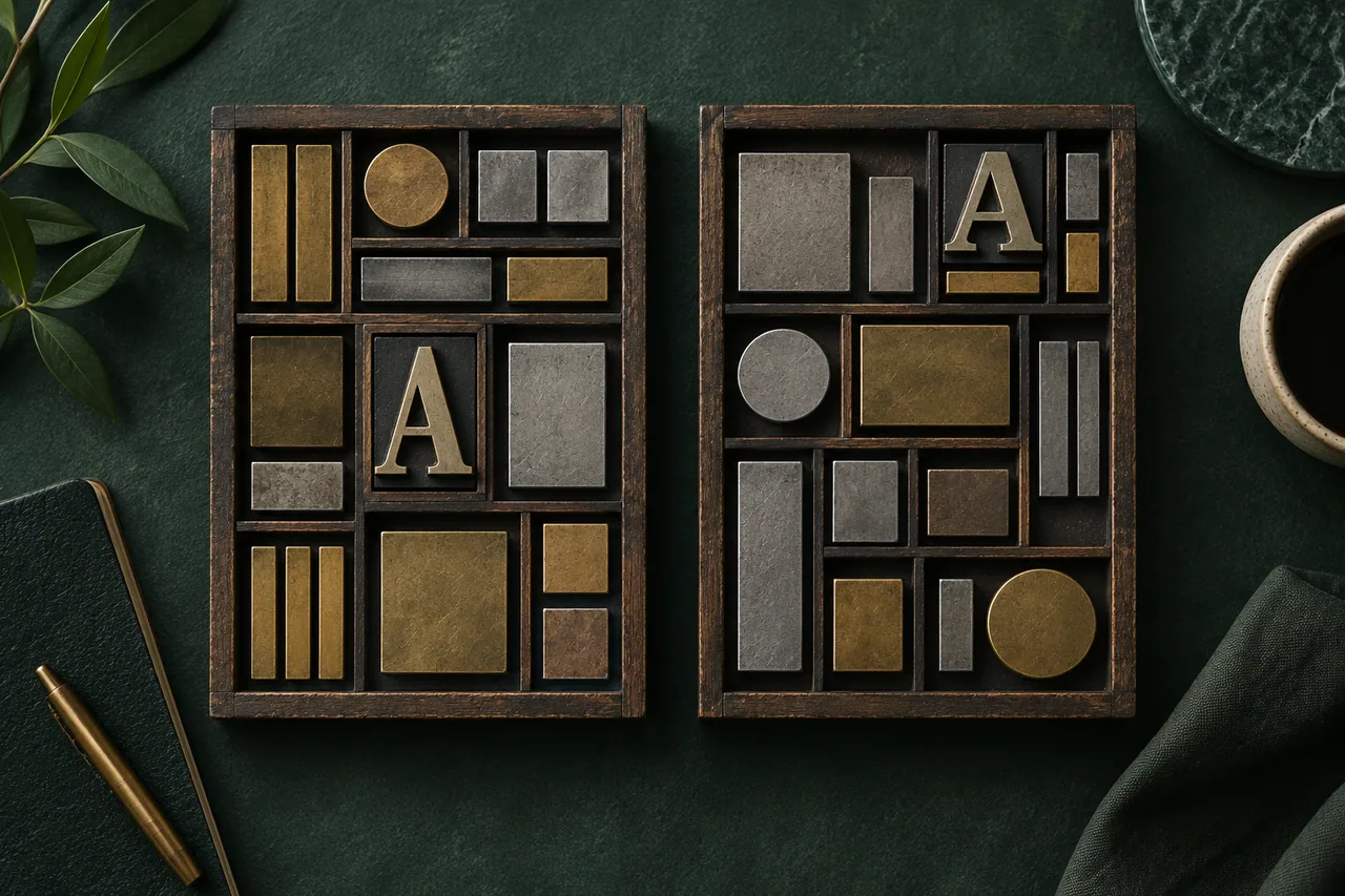 Two differently arranged letterpress trays containing the same letter.