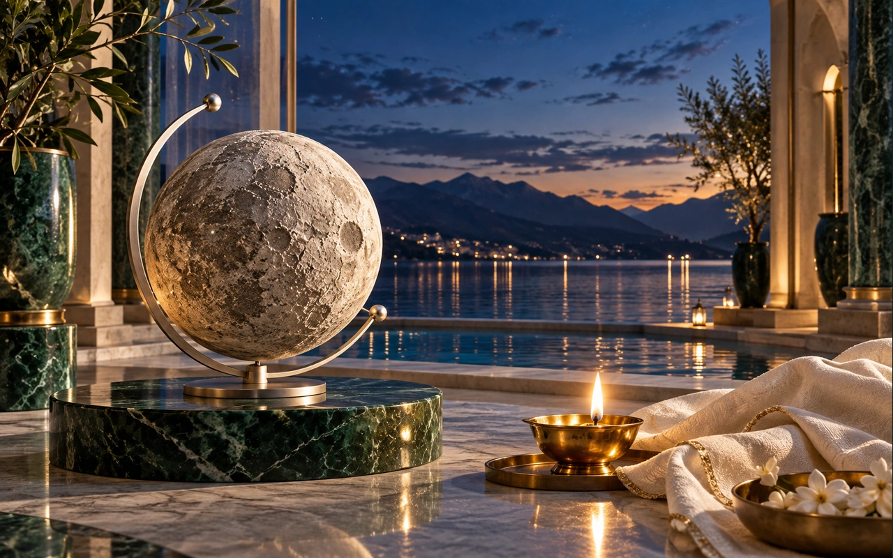 A cratered Moon sculpture beside a lamp in a quiet lakeside gallery at twilight.