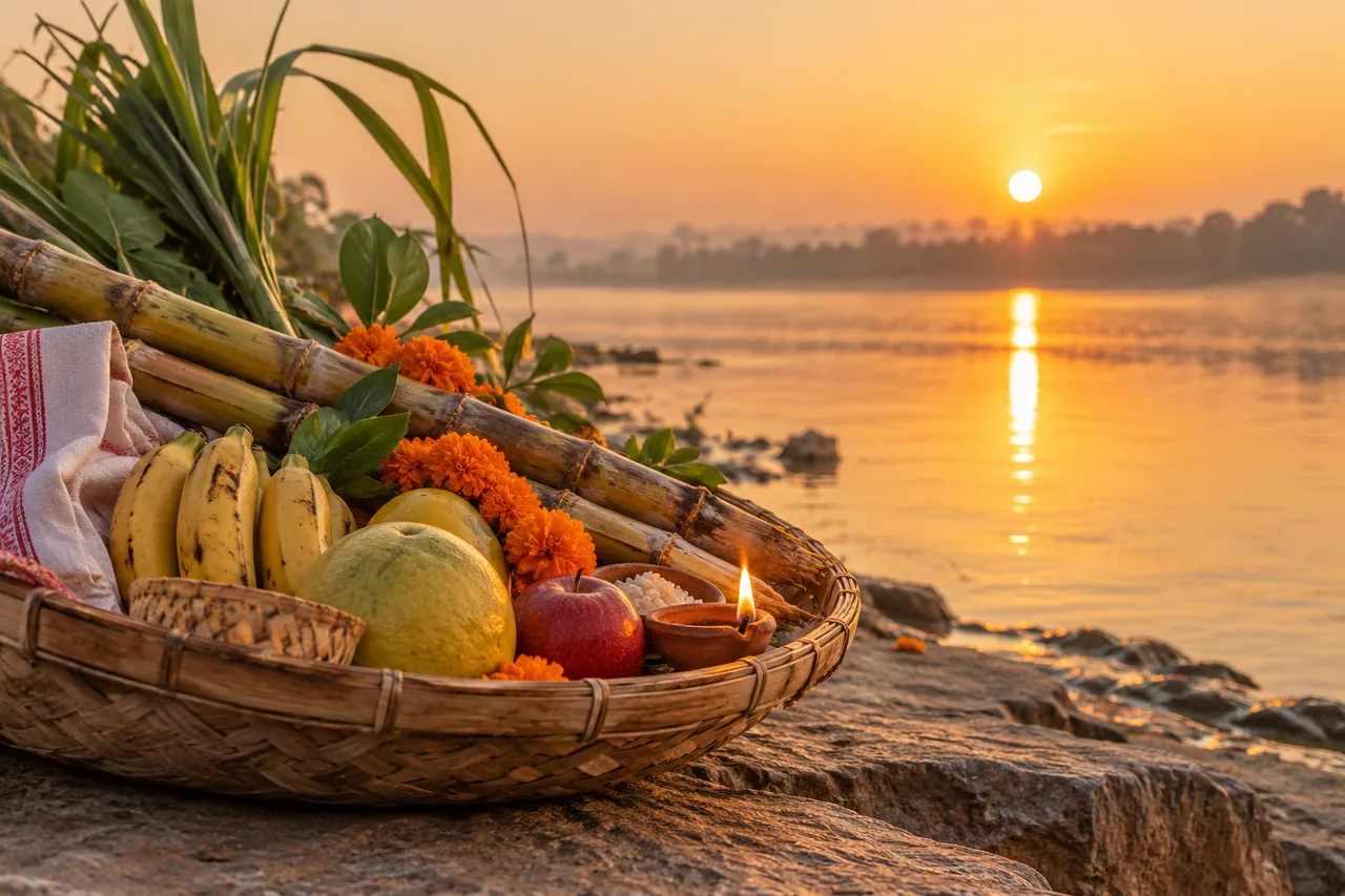 A woven offering basket with fruit and sugarcane resting on dry riverbank stone beside calm water at golden dawn.