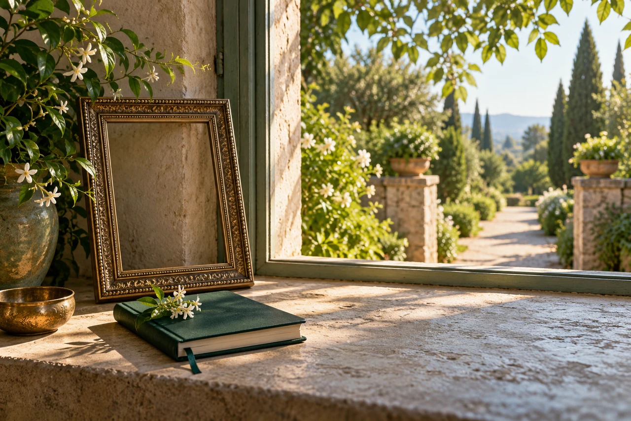 An empty frame and a closed sketchbook beside a garden path, leaving room for an unwritten future.