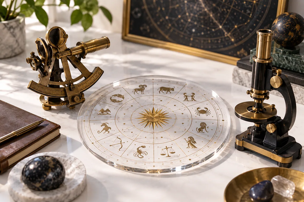 Two unlabelled precision measuring instruments beside a transparent zodiac-like circular plate on a white workbench.