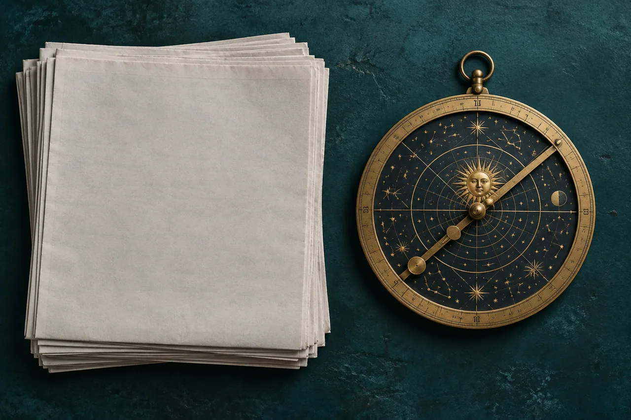 Repeated blank sheets beside a single distinctive astronomical instrument.