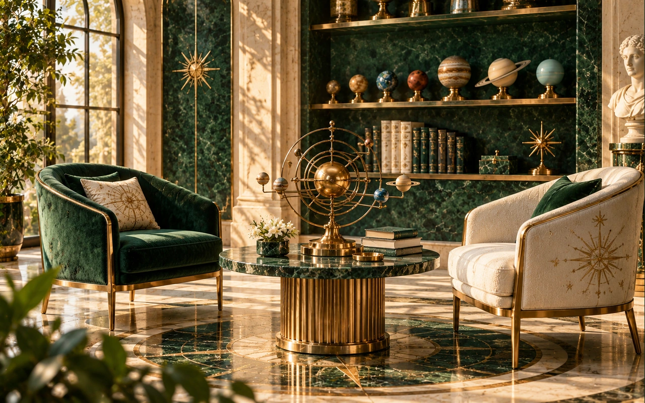 Two empty emerald and ivory chairs beside a decorative celestial model in an imagined library; conceptual relationship artwork, not a consultation or actual partner reading.