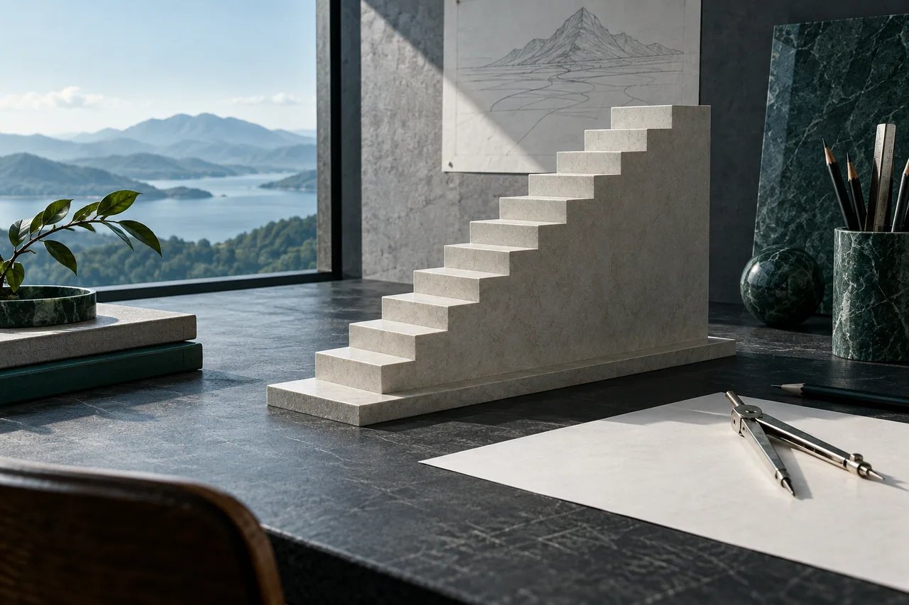 An architectural staircase model beside drafting tools.