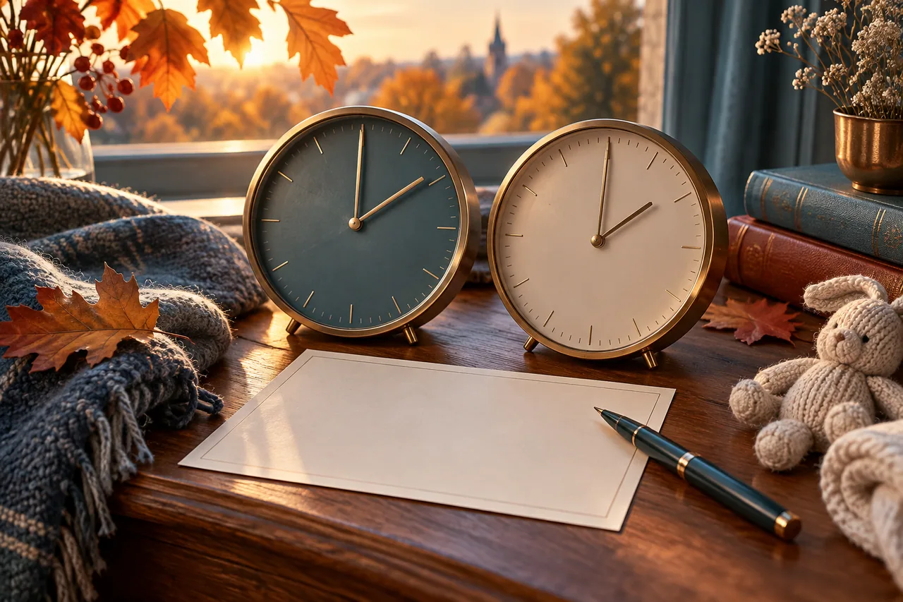 Original editorial illustration for Autumn clock changes and birth records: the repeated-hour question; symbolic artwork, not a measured personal chart.