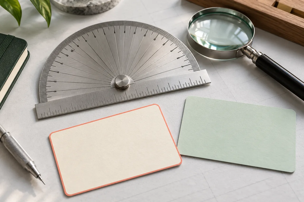 A precision protractor, a magnifying lens and two differently styled blank measurement cards on a clean drafting surface.