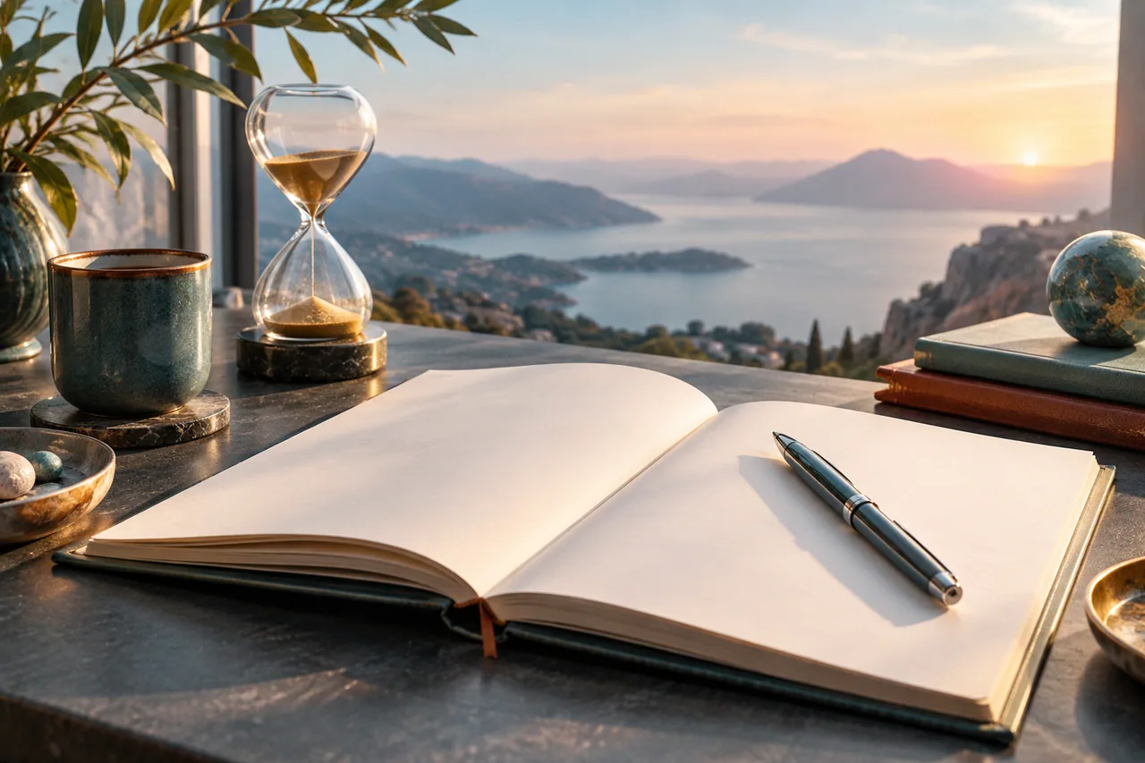 Original editorial illustration for A decision journal: learn without rewriting the past; symbolic artwork, not a measured personal chart.
