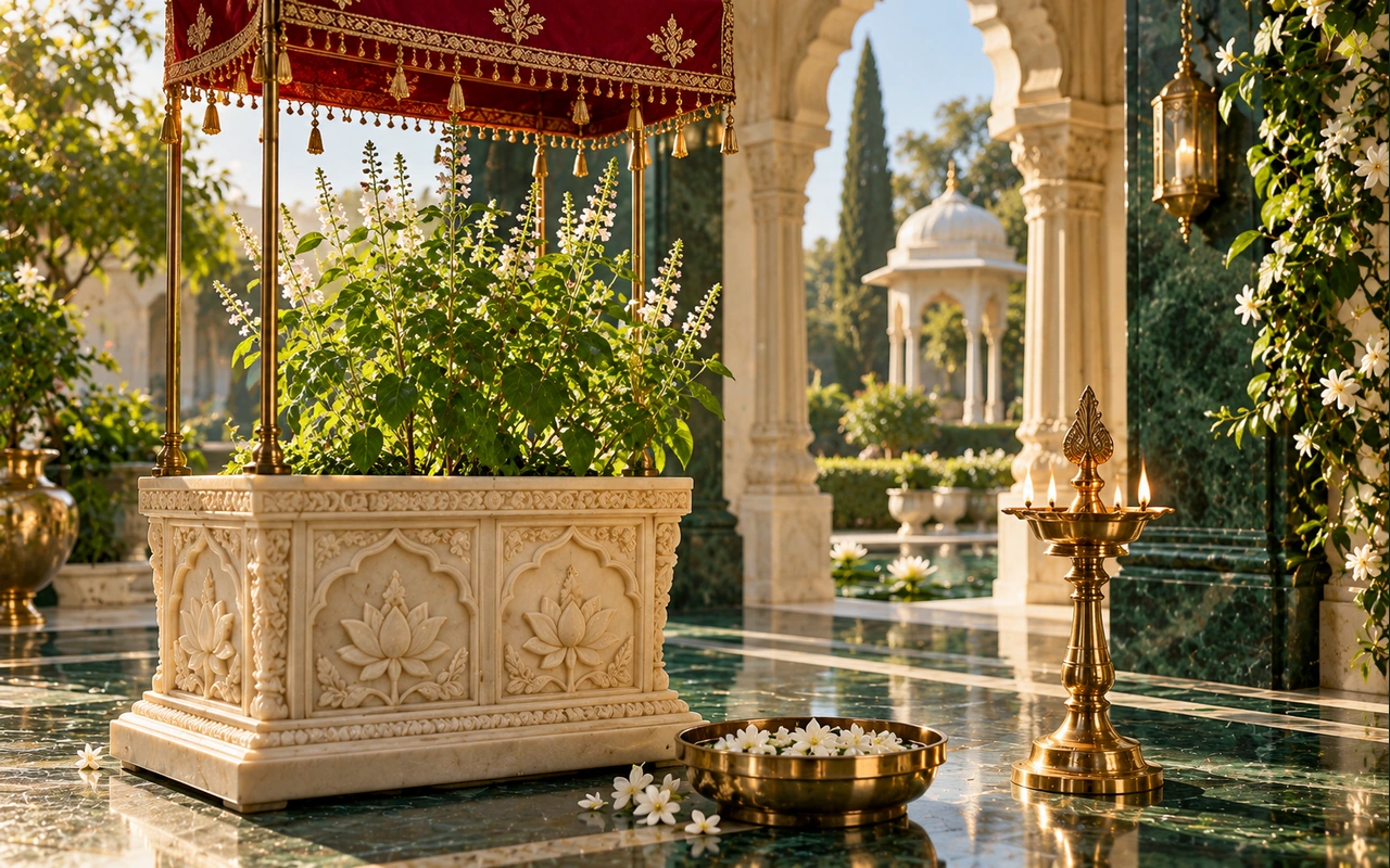 A flourishing tulsi plant under a red textile detail beside a brass lamp in an imagined courtyard; conceptual art, not a documented temple wedding.