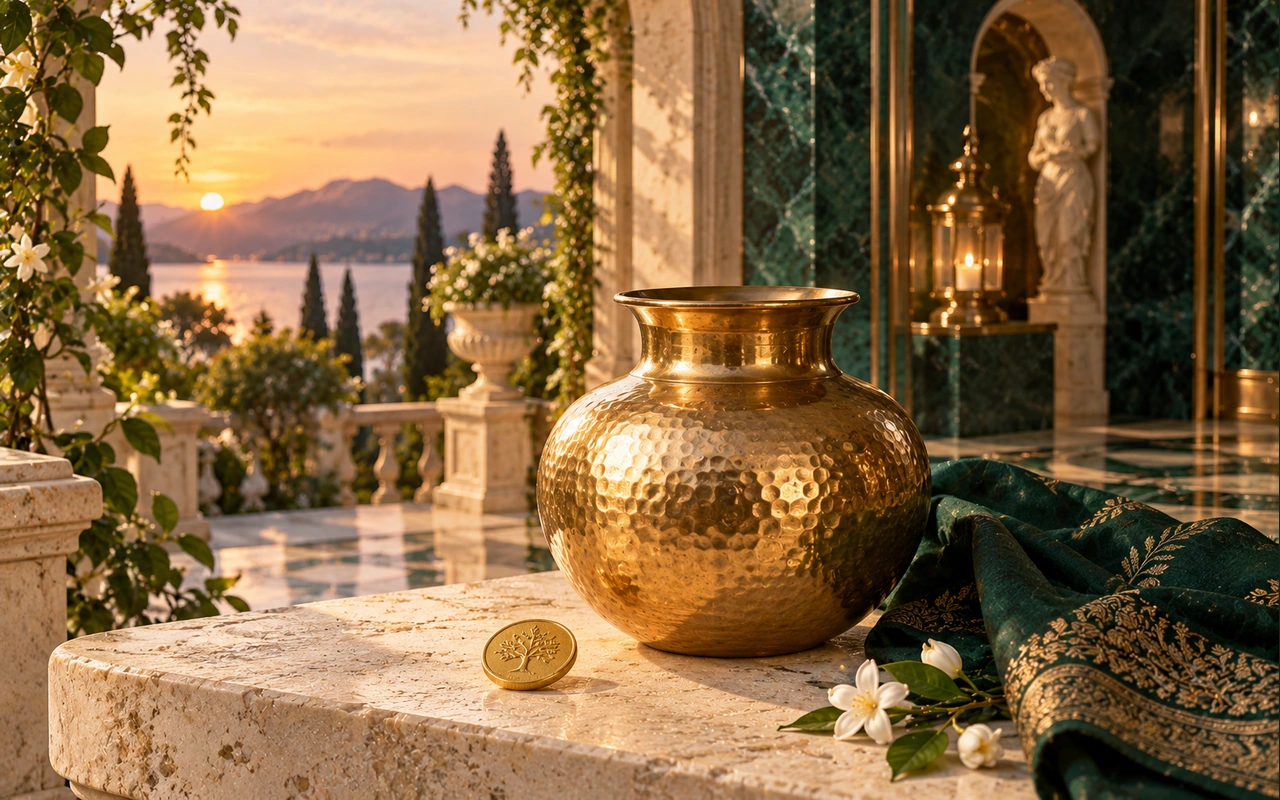An empty hammered brass vessel, decorative coin and emerald textile in a dusk courtyard; conceptual Dhanteras artwork, not a recommendation to buy an investment.