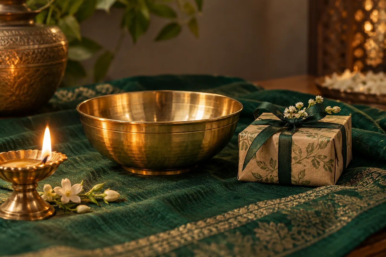A single polished brass bowl and a small wrapped practical gift on a deep green textile beside one oil lamp.