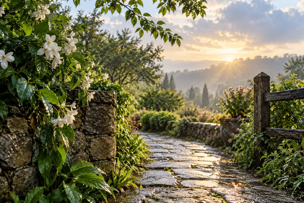 An open path through a rain-washed green garden with morning light returning.