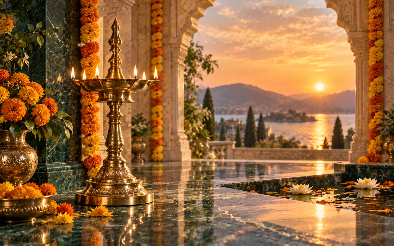 A finely crafted brass lamp under a marigold arch at sunset; conceptual Diwali artwork, not an actual temple, deity image or calculated timetable.