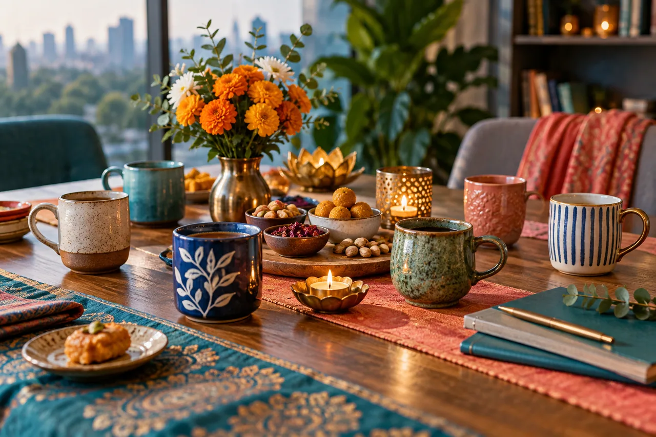 Original editorial illustration for Diwali at work: make the invitation genuinely inclusive; symbolic artwork, not a measured personal chart.