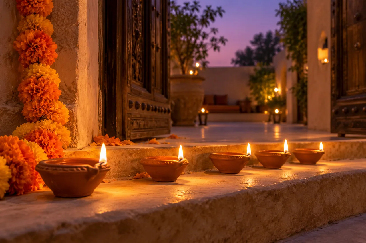 A close low-angle photograph of five handmade clay diyas glowing along a pale stone doorstep.